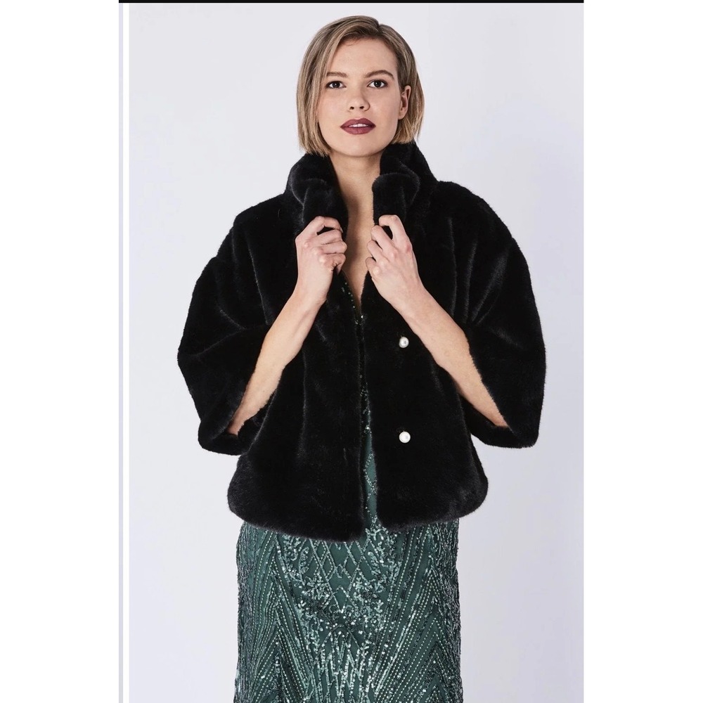 JAYLEY Black Faux Fur Jacket With Pearls‎ One Size EUC